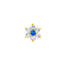 Load image into Gallery viewer, Junipurr 14kt Flower with Swarovski &amp; blue opal
