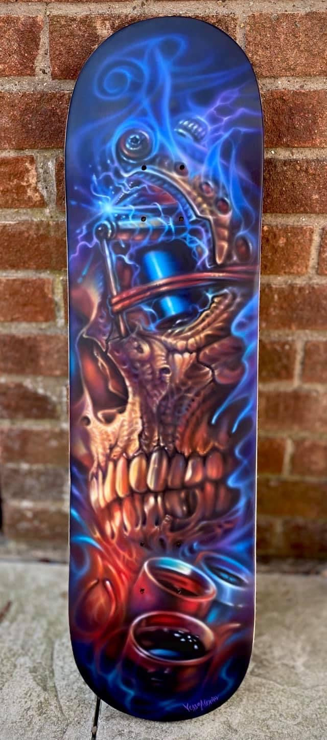 Old Skull tattoo Painted skateboard